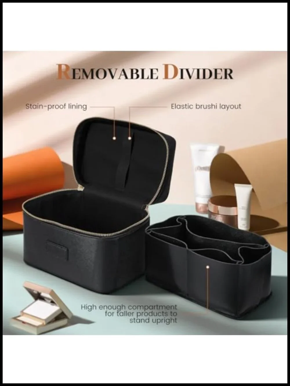Waterproof PU Leather Travel Makeup Bag with Removable Organizer Divider